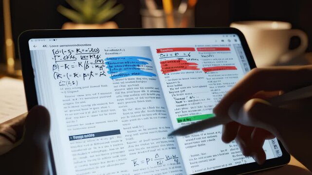 Person Annotates a Digital Textbook on Tablet With a Stylus