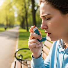Young woman with asthma inhaler feeling anxious in a park during a sunny day