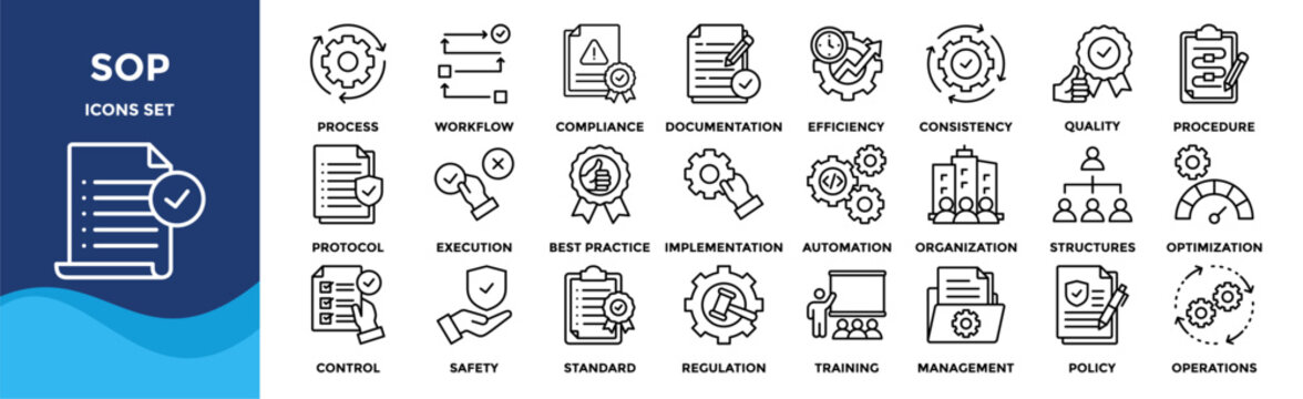 SOP (Standard Operating Procedure) collection set. Containing process, guidelines, workflow, compliance, documentation, efficiency, consistency, quality, procedure icon