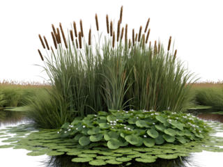 Wetland Vegetation Cluster with Tall Cattails, Green Bushy Plants, and Water Lilies with Small White Blooms Isolated on White