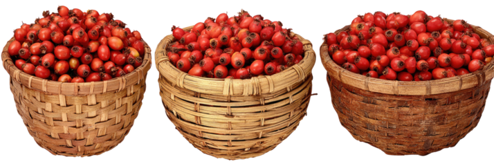 Three woven baskets overflowing with vibrant red berries against a stark black background