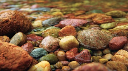 Brightly colored pebbles rest beneath clear water in a calm river. The sunlight creates beautiful reflections as the water gently flows over the stones.