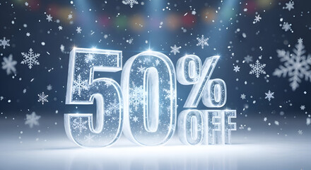 Happy New Year Merry Christmas Eve 2026 Fifty Percent Off Discount Cold Ice Glass Text Design Winter Season Promotion Advertisement Snowflakes Background Commercial Retail Banner Sale
