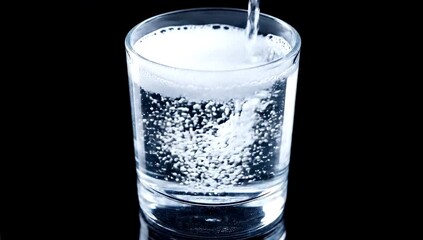 Refreshing pure water being poured into glass against stark black background motion shot