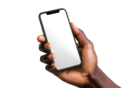 Dark Skinned Hand Holding Frameless Cellphone with White Screen Isolated on Transparent Background Digital Device Mockup, PNG
