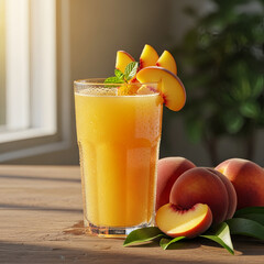 Glass of peach juice decorated with fresh slices and mint, placed on a wooden table
