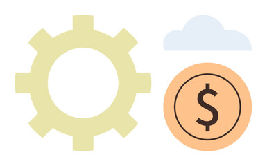 Gear, cloud, and coin emphasize innovation, technology, automation, finance, data storage cloud solutions and workflow. Ideal for business economics tech startups progress and teamwork. Simple