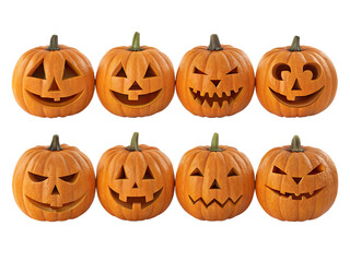 Set of Eight Spooky Halloween Jack-o'-Lantern Pumpkins with Assorted Carved Faces Isolated on White Background