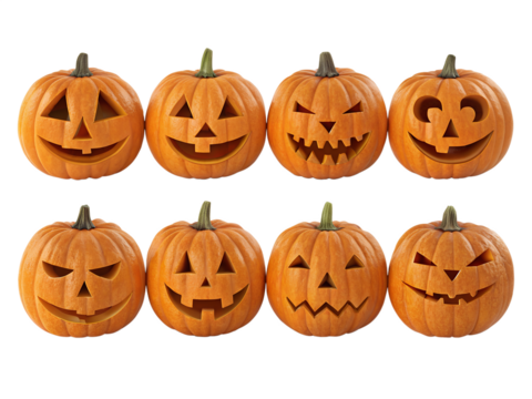 Set of Eight Spooky Halloween Jack-o'-Lantern Pumpkins with Assorted Carved Faces Isolated on White Background