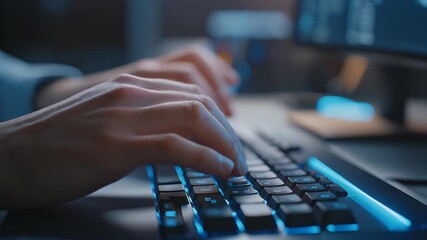 Close-up of hands typing on a backlit computer keyboard in a dimly lit room with a monitor in the background. - Powered by Adobe