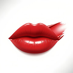 Glossy red lips with lipstick smear on a white background, copy space