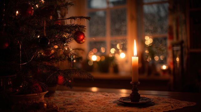 Candles softly glow next to a Christmas tree adorned with ornaments. The room exudes a warm, inviting atmosphere, perfect for celebrating the holiday season.