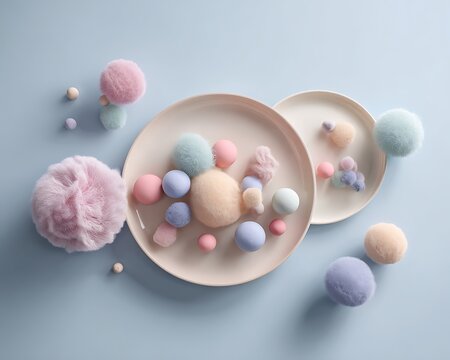 Creative pastel-themed flat lay with playful plate arrangement and soft textures