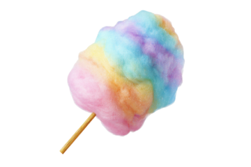 A fluffy cloud of colorful spun sugar on a wooden stick against a black background
