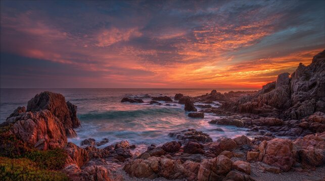 Bright colors fill the sky as the sun sets over the rocky coastline. Gentle waves lap against the stone formations, creating a calm and serene atmosphere during dusk.
