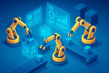 Robotic arms in a futuristic factory setting with data visualization on display