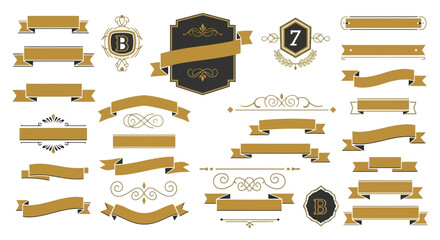 Set of Decorative Golden Ribbons and Emblems for Design and Decoration Elements, Isolated on White