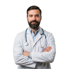 Fototapeta premium Confident Medical Professional Doctor Physician Man With Beard Stethoscope Healthcare Expert Achievement Portrait Isolated Transparent Background