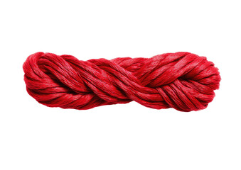 Close-up of vibrant red embroidery floss, twisted and layered against a black background