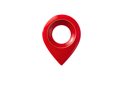 Shiny, glossy red location pin icon with gold interior detailing, against black background - Powered by Adobe