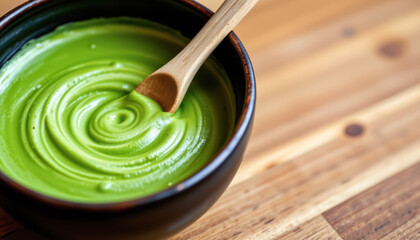 Close-up of creamy green pandan custard in a wooden bowl with spoon, representing traditional Thai dessert, sweet custard dip, and Asian homemade snack concept.
