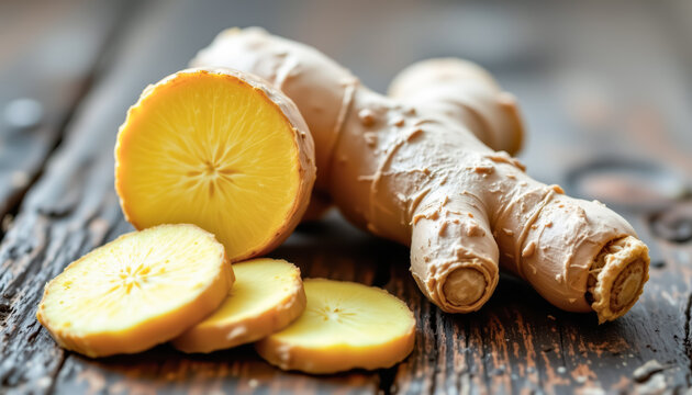 Fresh ginger root with sliced pieces on rustic wooden background, emphasizing herbal medicine, natural healing, organic food, and traditional health remedies. - Powered by Adobe