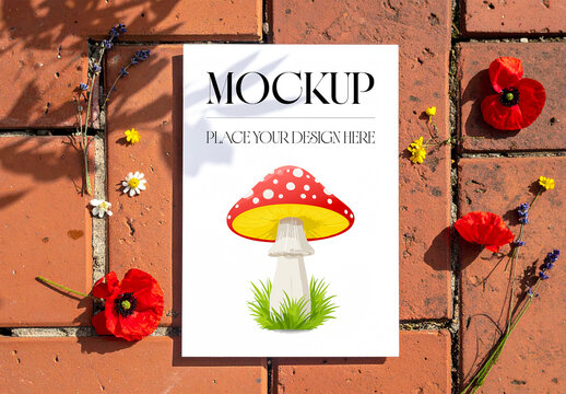 Paper Mockup with Flowers on Brick Surface