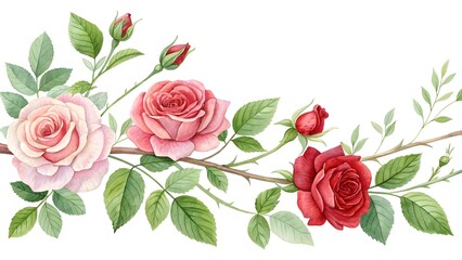 Fototapeta premium A Crimson and Ivory Embrace, The Timeless Elegance of Roses. Descriptive Red and White Rose Floral Corner, Lush Greenery and Delicate Blooms. Event Focus Wedding Day Botanical Accent, A Symbol of Pass