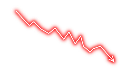 Red neon glowing down fall fluctuated arrow graph line chart concept of stock market business loss, company bankrupt, business crash, business risk, business fall, financial loss. Vector illustration. © LionStudio