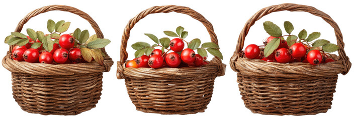Three wicker baskets brimming with red berries and green leaves against a transparent backdrop