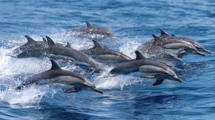 Fototapeta premium A group of dolphins is leaping gracefully out of the shimmering ocean, creating splashes and showcasing their agility. The scene captures the beauty of marine life in a vibrant setting.