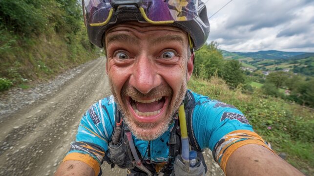 A mountain biker with a joyful expression rides along a rugged dirt path surrounded by lush greenery and rolling hills. The cloudy sky adds to the adventurous atmosphere.