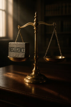 Scales of justice weighing 'negligence', symbolizing legal accountability and the importance of balance in judicial proceedings, in an office.