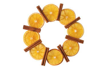 Dried orange slices and cinnamon sticks arranged in a circle isolated on black background isolated on white background isolated on transparent background