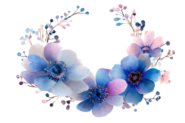 Watercolor floral wreath with blue and purple anemones, branches, and berries against black