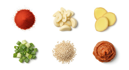 Culinary ingredients paprika garlic ginger scallions sesame seeds paste