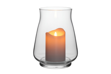 Glass hurricane lantern with flickering led candle isolated on transparent background isolated on white background