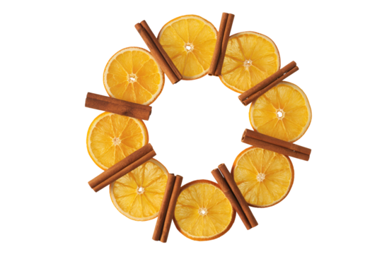Dried orange slices and cinnamon sticks arranged in a circle isolated on black background isolated on white background isolated on transparent background