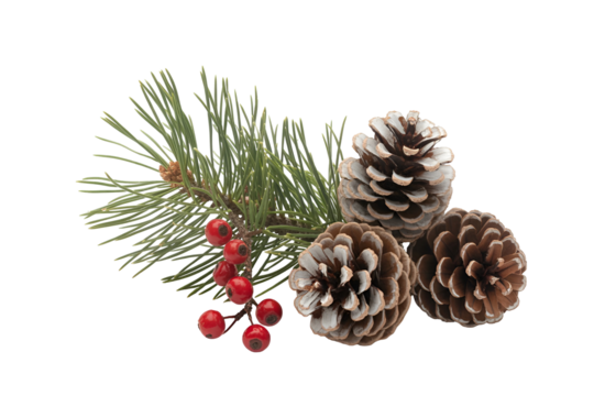 Christmas pine cones and berries with pine needles isolated on black background isolated on white background isolated on transparent background