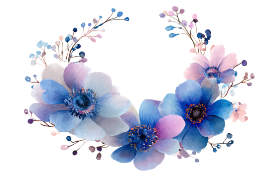 Watercolor floral wreath with blue and purple anemones, branches, and berries against black