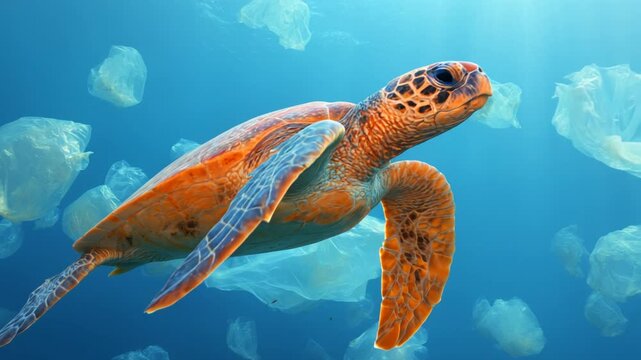 Sea Turtle Swimming Gracefully Through Ocean Debris with Plastic Waste in Clear Blue Water
