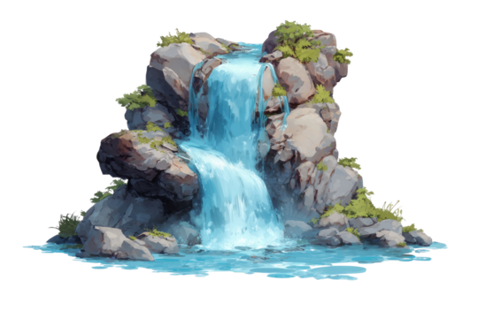 A stylized illustration shows a waterfall cascading over a craggy rock formation, with sparse greenery