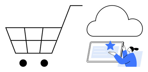Shopping cart beside a cloud and user tapping a tablet with a star icon. Ideal for e-commerce, digital shopping, cloud storage, online services, user engagement, technology, simple flat metaphor