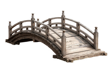 A weathered, curved wooden footbridge isolated against a black background