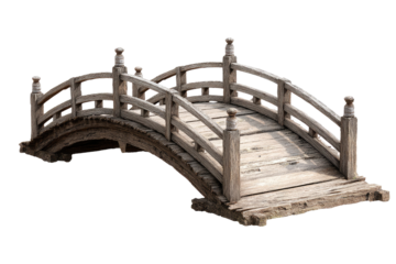 A weathered, curved wooden footbridge isolated against a black background
