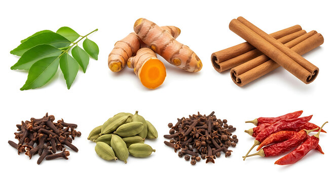 Variety of spices including turmeric cinnamon cloves and chili peppers