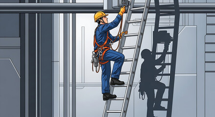 Worker Climbing Ladder for Repair Illustration