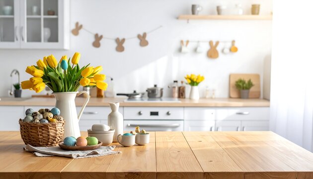 Easter kitchen decor with yellow tulips and painted eggs.