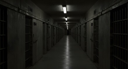 Long, dark prison corridor with cells on either side, lit by overhead fluorescent lights