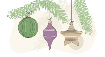 Festive Holiday Ornaments A Delicate Illustration of Christmas Decorations with a Touch of Greenery